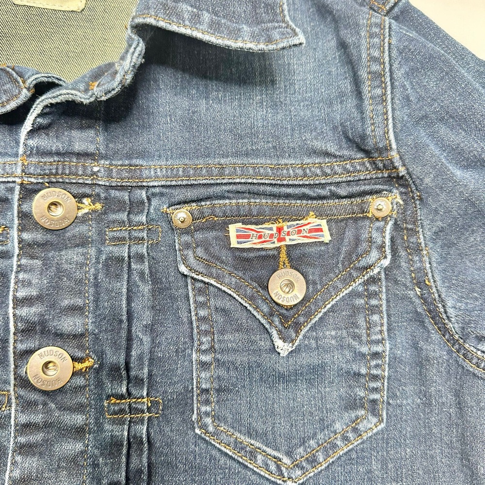 Hudson Girls Jean Jacket Blue Distressed Medium Wash Stretch Collared Pockets M - Picture 4 of 10